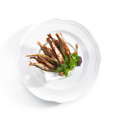 Fresh Deep Fried Sea Fish, Small Sardines or Roasted Rainbow Smelt