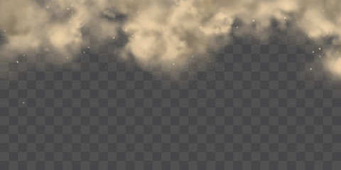 Cloud of dirty smog, brown smoke, heavy thick dust with motes, sand, soil particles isolated 3d realistic vector texture, background. Air pollution, dust allergy, house cleaning concept design element