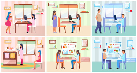 Family visiting nutritionist flat vector illustrations set. Young mother taking baby to pediatrician cartoon characters. Dietitian consulting obese woman, man, offering healthy eating habits