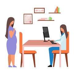 Pregnant woman visiting doctor flat vector illustration. Female gynecologist consulting expectant lady isolated cartoon character on white background. Therapist, dietitian with overweight patient