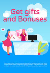 Get gifts and bonuses poster vector template. Store loyalty, membership program. Brochure, cover, booklet page concept design with flat illustrations. Advertising flyer, leaflet, banner layout idea
