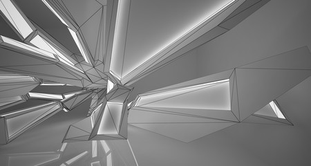 Abstract architectural white interior of a minimalist house with neon lighting. Drawing. 3D illustration and rendering.