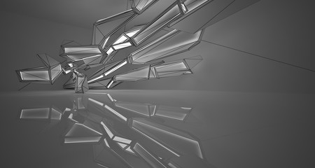 Abstract architectural white interior of a minimalist house with neon lighting. Drawing. 3D illustration and rendering.