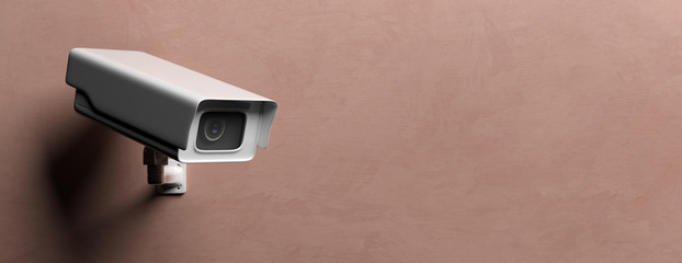 Surveillance cam,  CCTV system on brown wall. 3d illustration