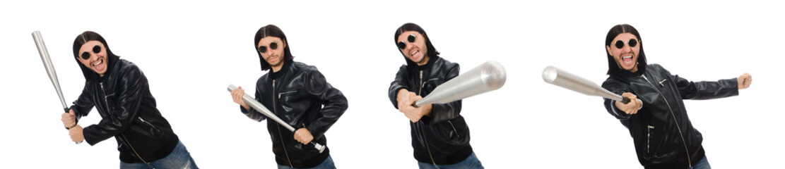 Aggressive man with baseball bat on white