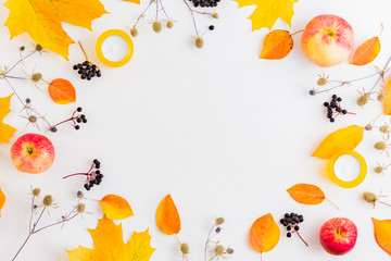 Flat lay frame with colorful autumn leaves and berries on a white background