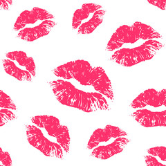 Materiał do szycia Vector pink seamless pattern on white background. Lips prints