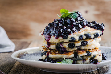 Blueberry  pancakes, fresh summer breakfast