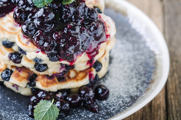 Blueberry  pancakes, fresh summer breakfast