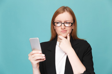 Worried stressed woman looking phone isolated