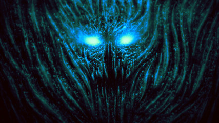 Angry devil with sparkling eyes. Blue background color.
