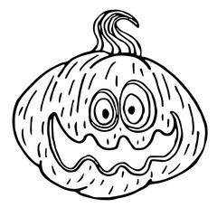 Halloween pumpkin sketch, black outline isolated, vector illustration for design and decora