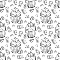 Pattern with blueberry Muffin in kawaii style. Coloring page with cute cupcake, cream, blueberry, leaves. Coloring book for adults and children