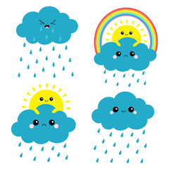 Sun, cloud, rainbow, rain set. Smiling sad face. Rain drop weather. Friends forever. Fluffy clouds. Cute cartoon cloudscape. Cloudy weather sign symbols. Flat design White background Isolated.