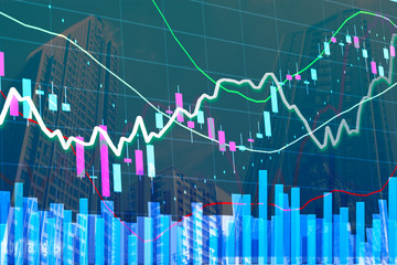 Abstract blurred Stock market graph chart with parabolic indicator in modern skyscraper, stock trading concept and financial markets concept - obrazy, fototapety, plakaty