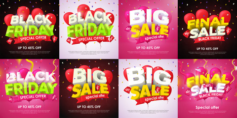 Black friday and Big Sale and Discounts 2019. Set of vector banners. Beautiful discount and promotion banner. 3d inscription and red balloons on a dark background. Fashionable Vector image
