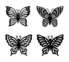 Fototapeta na wymiar Collection of black butterflies isolated on transparent background. Laser cut vector set. Silhouettes flying insects for icons. Wood carving template. Cutting for wedding card, invitation.