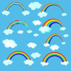 Rainbows and clouds. Set of bright rainbows and clouds. Vector illustration.