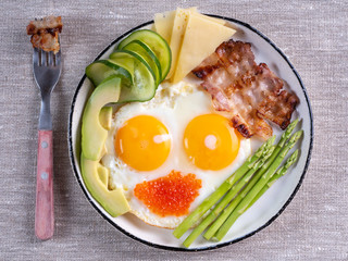 Top view of a ketogenic diet breakfast on the white plate with a fork on linen fabric.