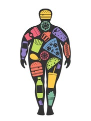 Man silhouette with scattered fast food elements. Unhealthy, junk food and obesty concept.