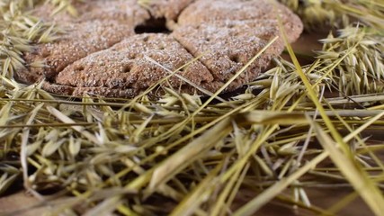 Close up of fresh round oat bread and oat ears of grain rotating on brown wooden table. Stomach friendly food.