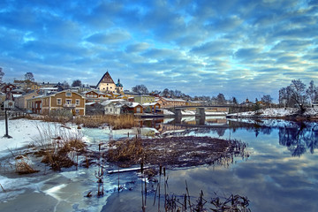 Old historic Porvoo, Finland with wooden houses and medieval stone and brick Porvoo Cathedral at blue hour sunrise - 287441809