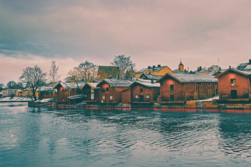 Old historic Porvoo, Finland with wooden houses and medieval stone and brick Porvoo Cathedral at blue hour sunrise - 287441849