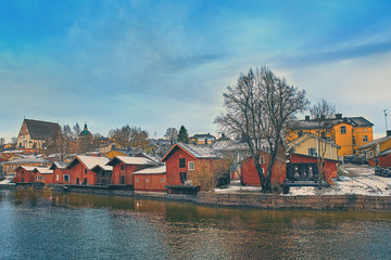 Old historic Porvoo, Finland with wooden houses and medieval stone and brick Porvoo Cathedral at blue hour sunrise - 287441885