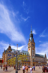 Fototapeta na wymiar Townhall city hall tower in Hamburg, Germany on a sunny summer day