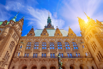 Townhall city hall tower in Hamburg, Germany on a sunny summer day - 287442221