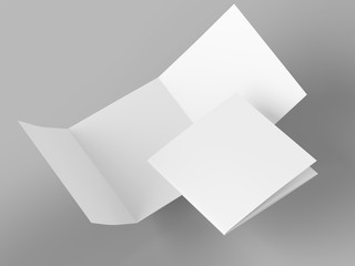 Open folded leaflet in square format. Flying leaflet folded to 3. 3d illustration