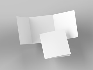Open folded leaflet in square format. Flying leaflet folded to 3. 3d illustration