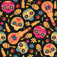 Materiał do szycia Day of the Dead seamless vector pattern with sugar skulls and flowers. Dia de los Muertos tramslate - Day of the Dead pattern background. Vector EPS10
