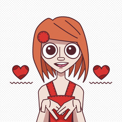 Redhead young girl with a heart. Cartoon style character.