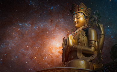 Starry sky over the statue of Chenrezig Bodhisattvas.