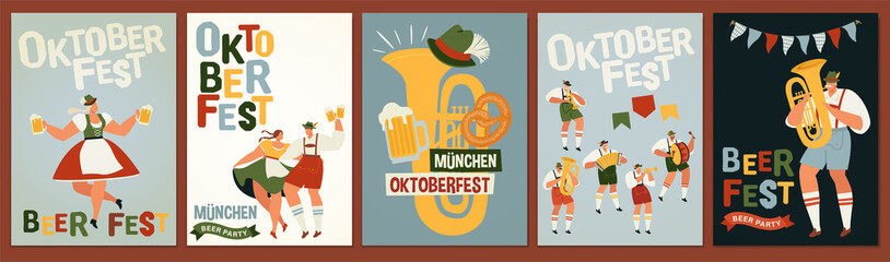 Group Of People Drink Beer Oktoberfest Party Celebration Man And Woman Wearing Traditional Clothes couples dance, musicians play. Fest Concept Flat Vector Illustration. - obrazy, fototapety, plakaty