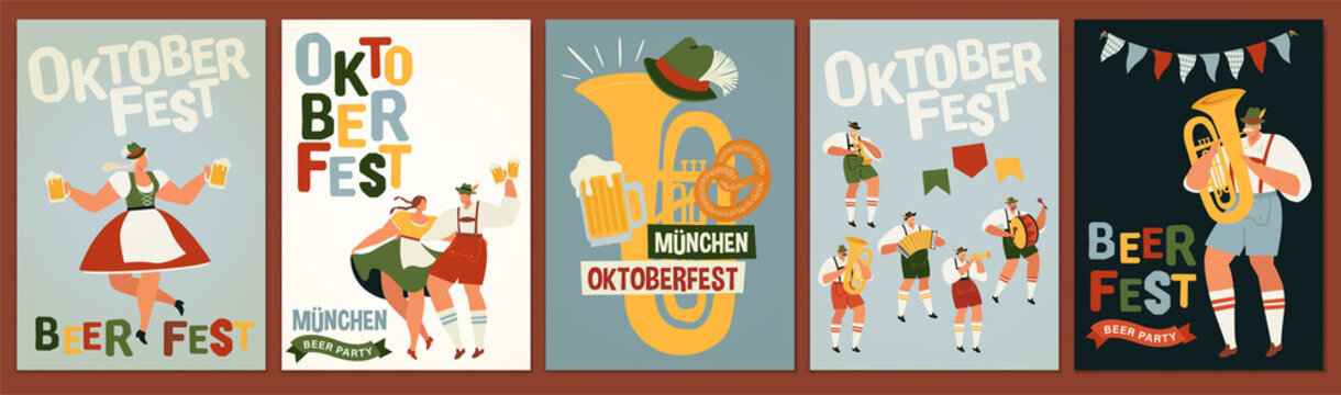 Group Of People Drink Beer Oktoberfest Party Celebration Man And Woman Wearing Traditional Clothes Couples Dance, Musicians Play. Fest Concept Flat Vector Illustration.