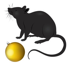Black rat, mouse, golden christmas ball - isolated on white background - vector. New Year 2020