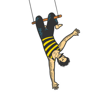Circus acrobat hanging on trapeze performance color sketch line art engraving vector illustration. Tee shirt apparel print design. Scratch board style imitation. Black and white hand drawn image.