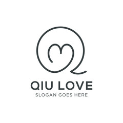 Letter Q and love logo design template / Monoline Q with love / Initial QM MQ Logo