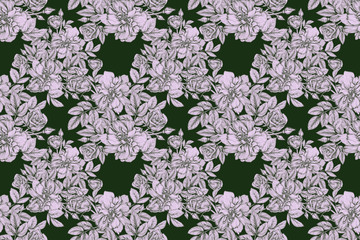 Botanical illustration of flowers and buds roses. Handwork, graphics, ink. Seamless pattern.