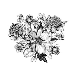 Graphic bouquet of flowers for the design of postcards and posters. Handmade pen and ink. 