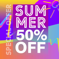 Coloful summer sale background with 3d words elements. Vector background for banner, poster, flyer, card, postcard, cover, brochure.