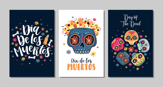 Dia de Los Muertos, Mexican Day of the Dead, set of greeting cards with hand drawn lettering, flowers, skulls on dark blue and white background