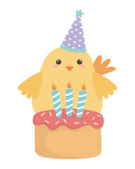 Chicken cartoon with happy birthday icon design