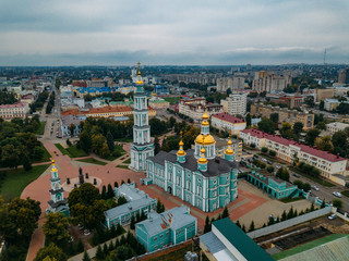 Obraz premium Aerial view of city of Tambov Cathedral Square and Transfiguration Cathedral
