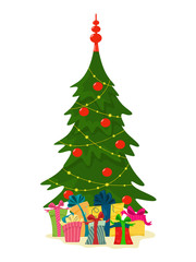 Christmas tree with gift boxes. Vector illustration in cartoon flat style on a white background.