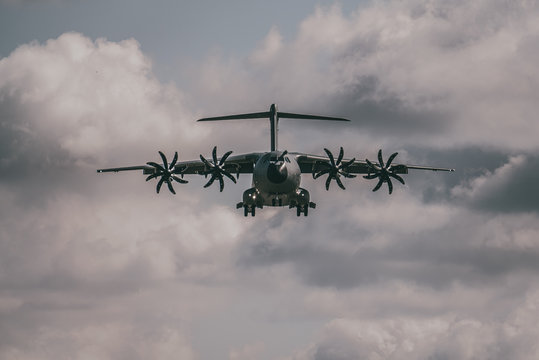 large RAF Airbus A400 M Atlas transport plane flying head on to camera