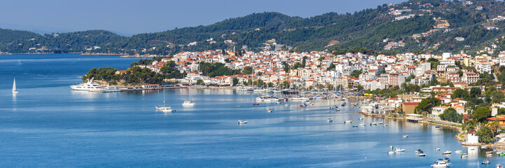 Fototapeta na wymiar Skiathos island Greece port harbor panoramic view landscape Mediterranean Sea Aegean travel