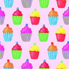 Seamless pattern with vibrant tasty cupcakes of different colors. Vector hand drawn watercolor illustration for party celebration prints. 